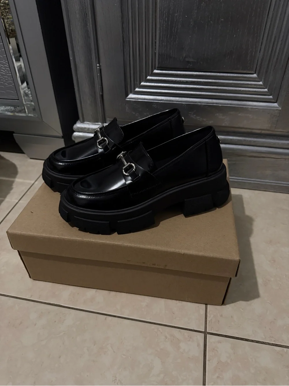 Steve Madden Black Chunky Leather Loafers with Silver Hardware